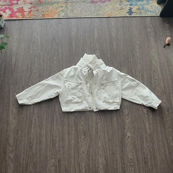 Double Layer High Neck Cropped White Zipper Detail Jacket - Picture 2 of 3